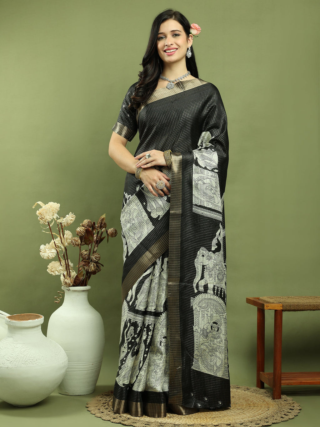 Stylee Lifestyle Black Silk Blend Zari Saree | Grocsy