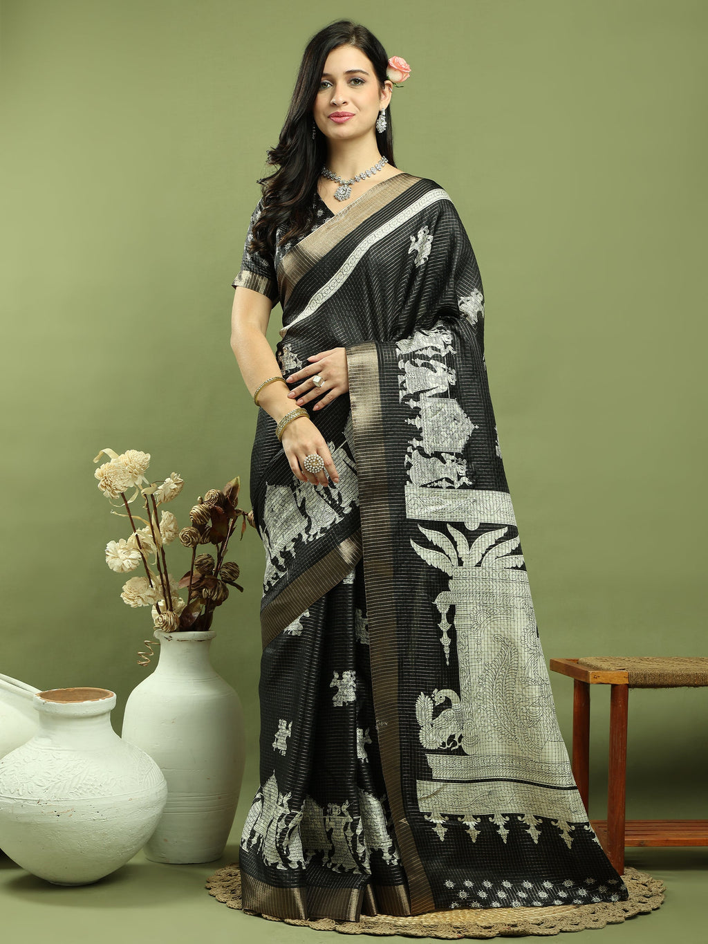 Stylee Lifestyle Black Silk Blend Zari Saree | Grocsy