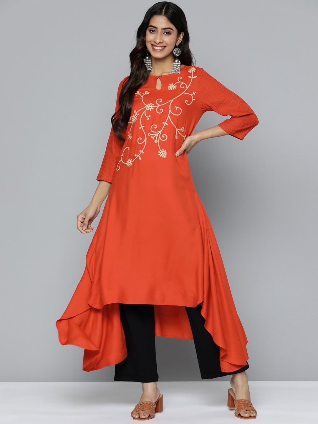 HERE&NOW Mirror Work Embroidered Keyhole Neck Asymmetric Dipped Hem Kurta | Grocsy