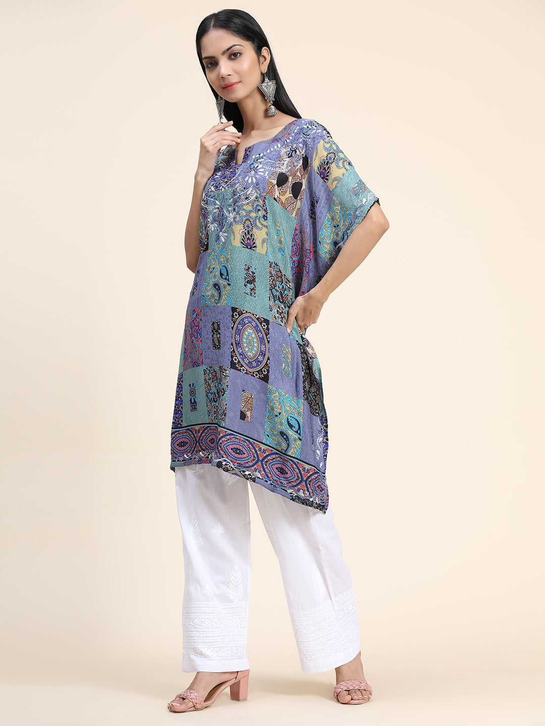HOUSE OF KARI Ethnic Motifs Printed Notched Neck Chikankari Embroidery Cotton Kaftan Kurta | Grocsy