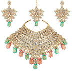 Tehzeeb Creations Traditional Gold-Polished Designer Blue Color Dulhan Choker Kundan Bridal Set | Grocsy