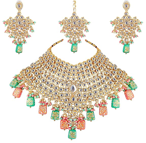 Tehzeeb Creations Traditional Gold-Polished Designer Blue Color Dulhan Choker Kundan Bridal Set | Grocsy