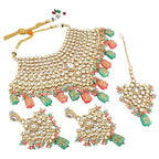 Tehzeeb Creations Traditional Gold-Polished Designer Blue Color Dulhan Choker Kundan Bridal Set | Grocsy