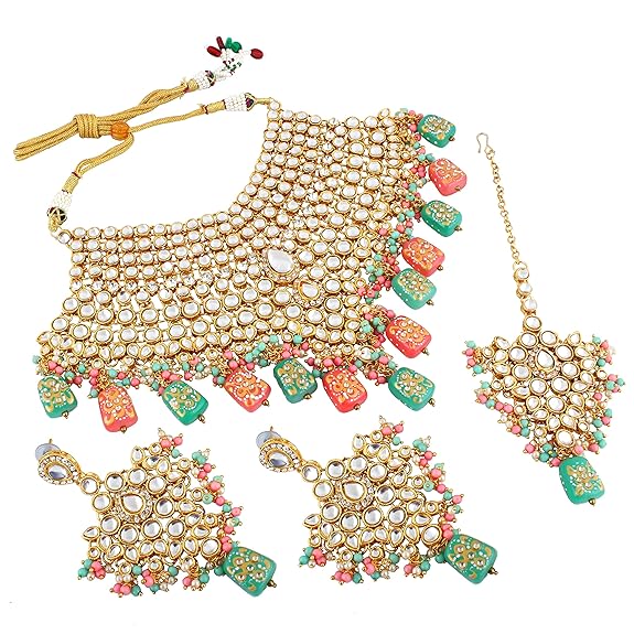 Tehzeeb Creations Traditional Gold-Polished Designer Blue Color Dulhan Choker Kundan Bridal Set | Grocsy