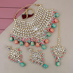 Tehzeeb Creations Traditional Gold-Polished Designer Blue Color Dulhan Choker Kundan Bridal Set | Grocsy