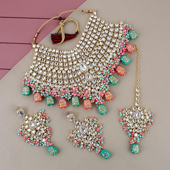 Tehzeeb Creations Traditional Gold-Polished Designer Blue Color Dulhan Choker Kundan Bridal Set | Grocsy