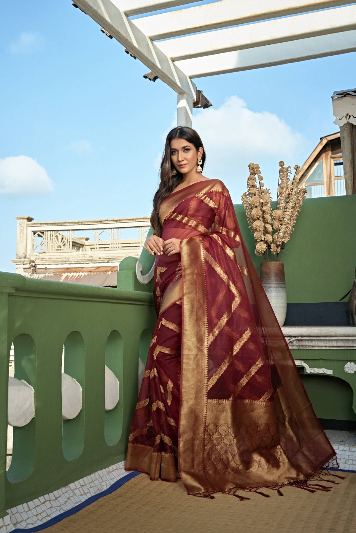 Vardha Ruby Red Golden Zari Banarasi Organza Saree | Grocsy