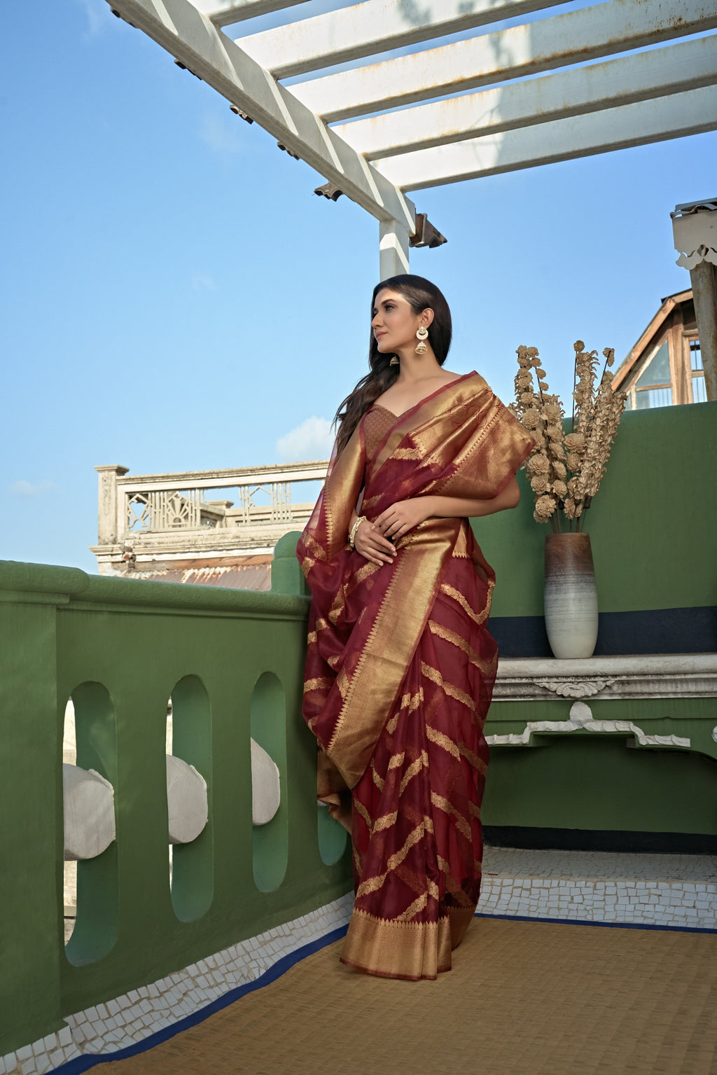 Vardha Ruby Red Golden Zari Banarasi Organza Saree | Grocsy