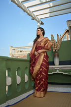 Vardha Ruby Red Golden Zari Banarasi Organza Saree | Grocsy