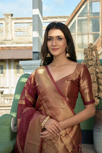 Vardha Ruby Red Golden Zari Banarasi Organza Saree | Grocsy