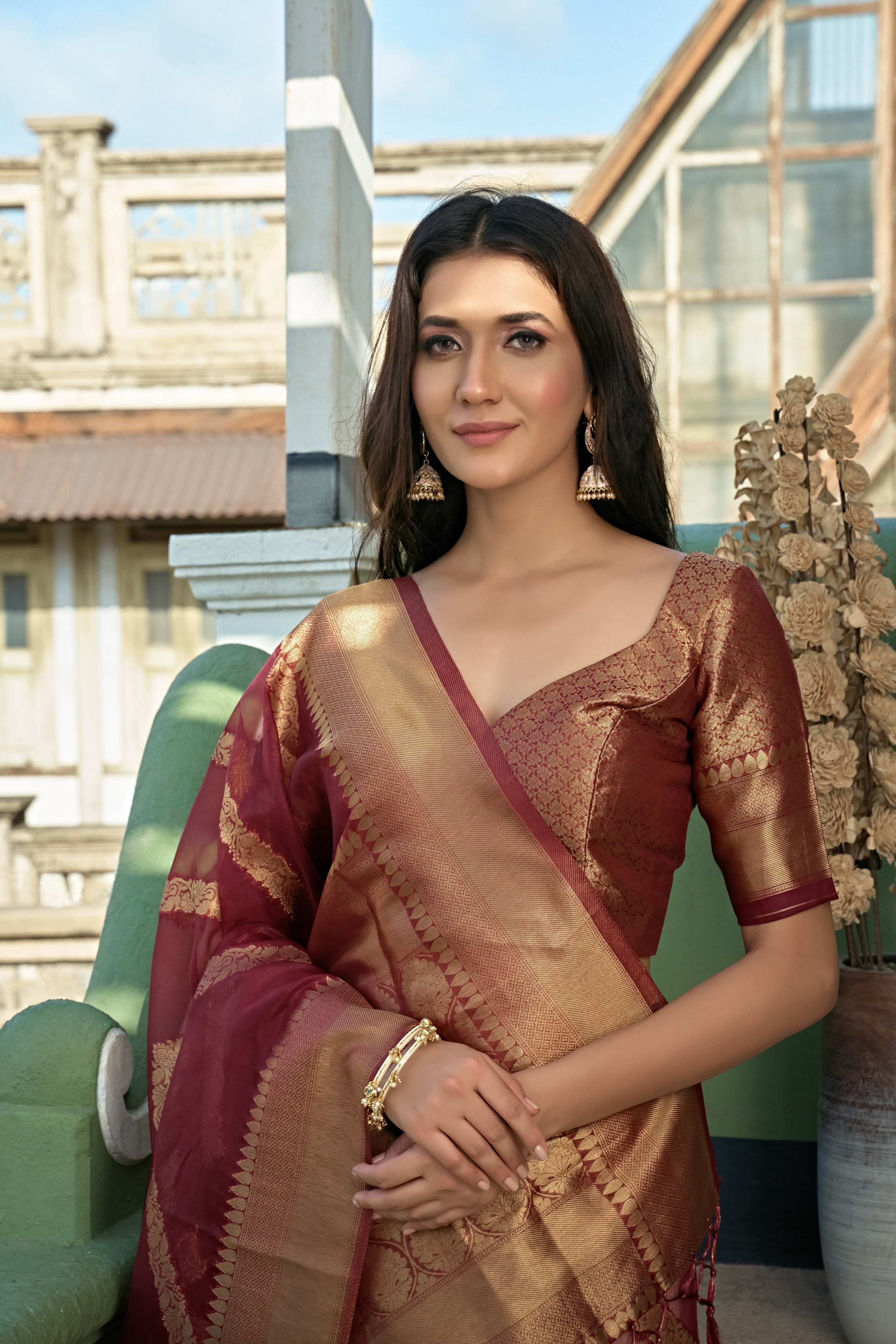 Vardha Ruby Red Golden Zari Banarasi Organza Saree | Grocsy