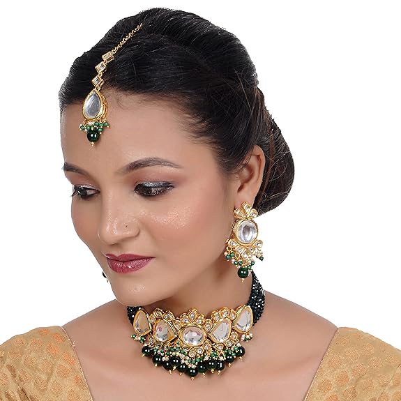 Tehzeeb Creations Back Meenakari Gold-Polished Tika Earring Jewellery Set Uncut Kundan Big Faux Kundan Dibbi Kundan Choker Necklace Set | Grocsy