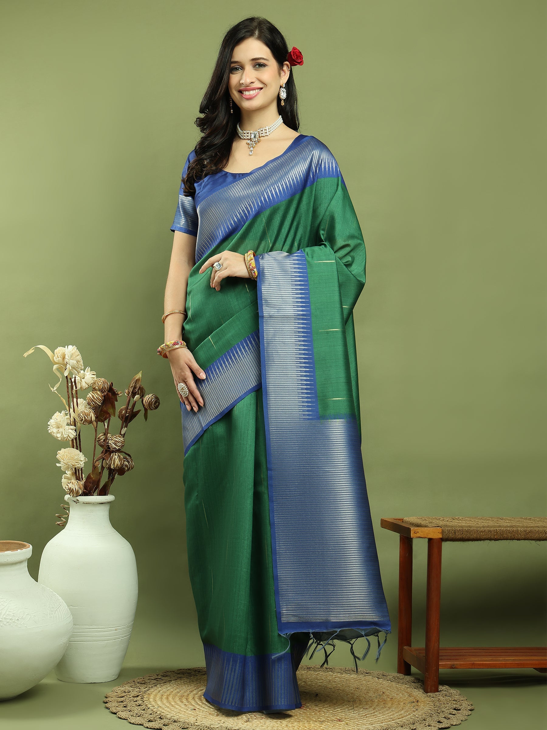 Stylee Lifestyle Green Silk Blend Zari Saree | Grocsy