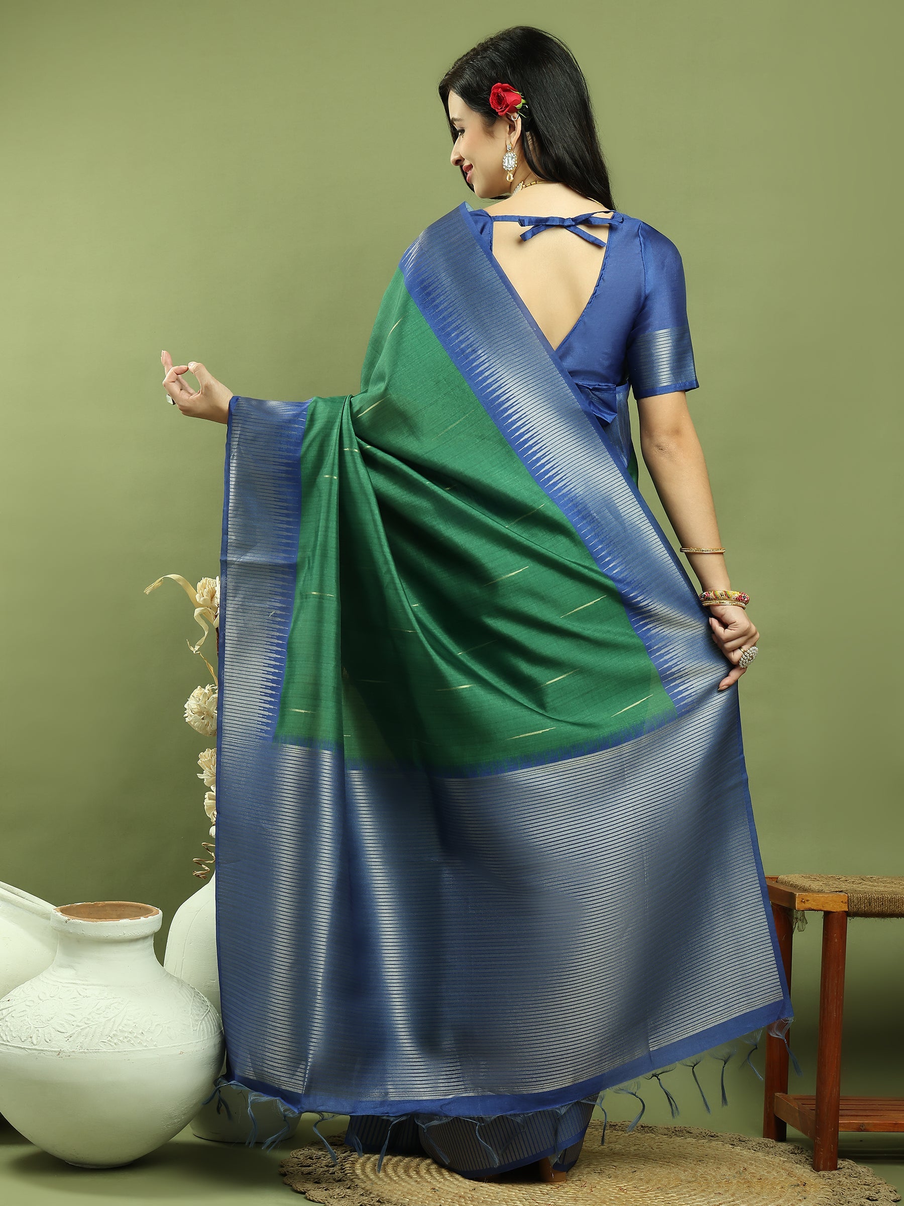 Stylee Lifestyle Green Silk Blend Zari Saree | Grocsy