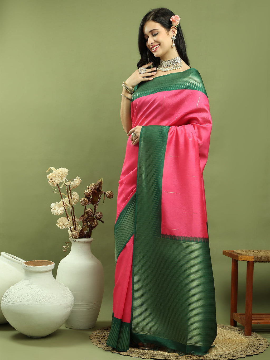 Stylee Lifestyle Pink Silk Blend Zari Saree | Grocsy