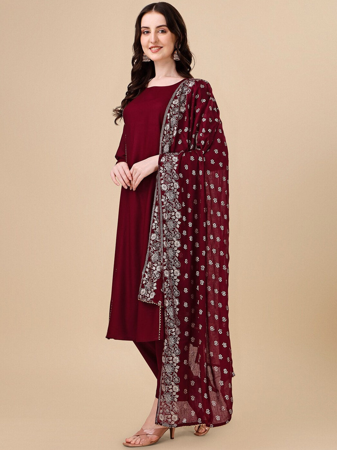 HERE&NOW Maroon & White Gotta Patti Kurta with Trousers & Dupatta | Grocsy