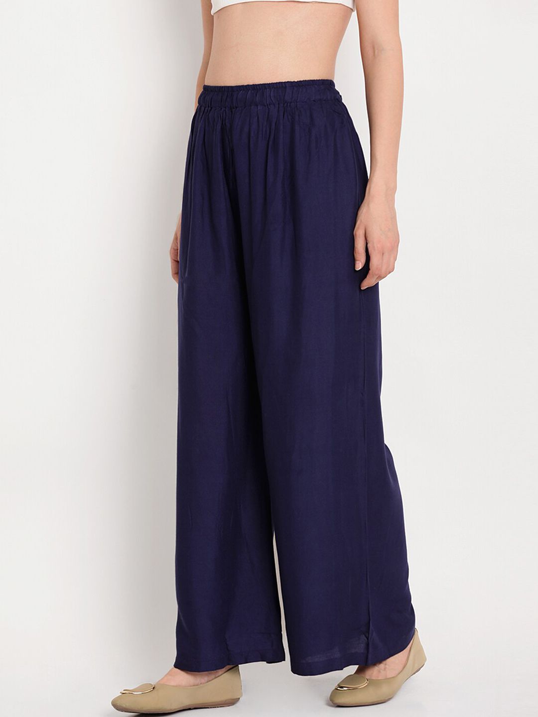 TAG 7 Women Navy Blue Solid Flared Palazzos | Grocsy