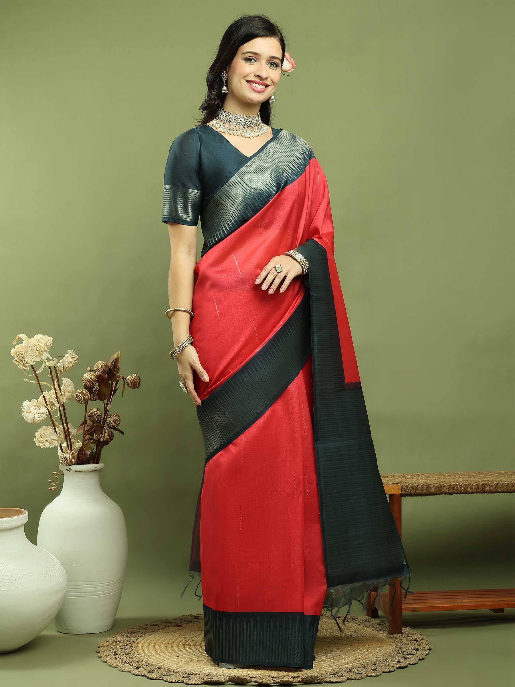 Stylee Lifestyle Red Silk Blend Zari Saree | Grocsy