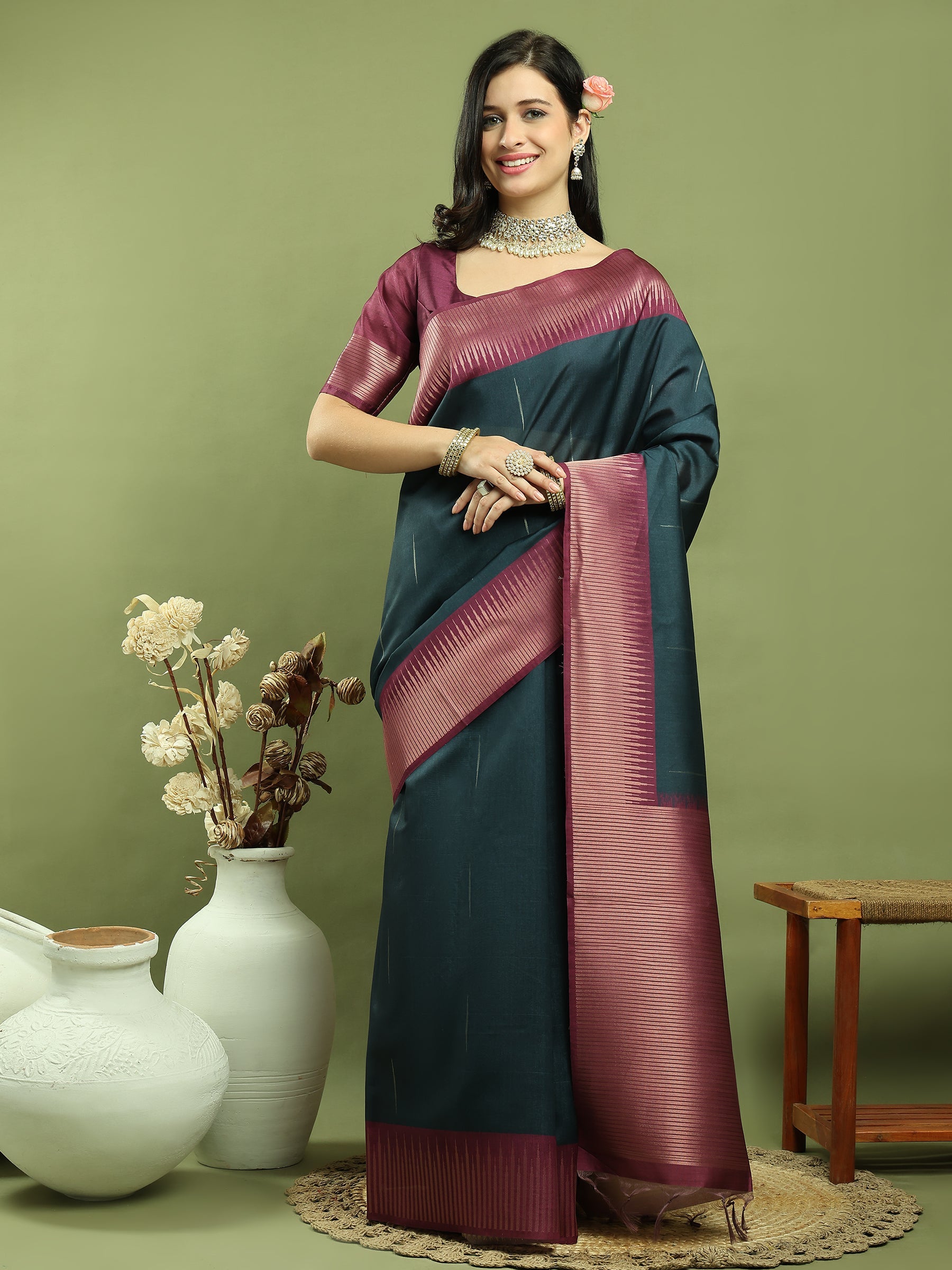 Stylee Lifestyle Teal Silk Blend Zari Saree | Grocsy
