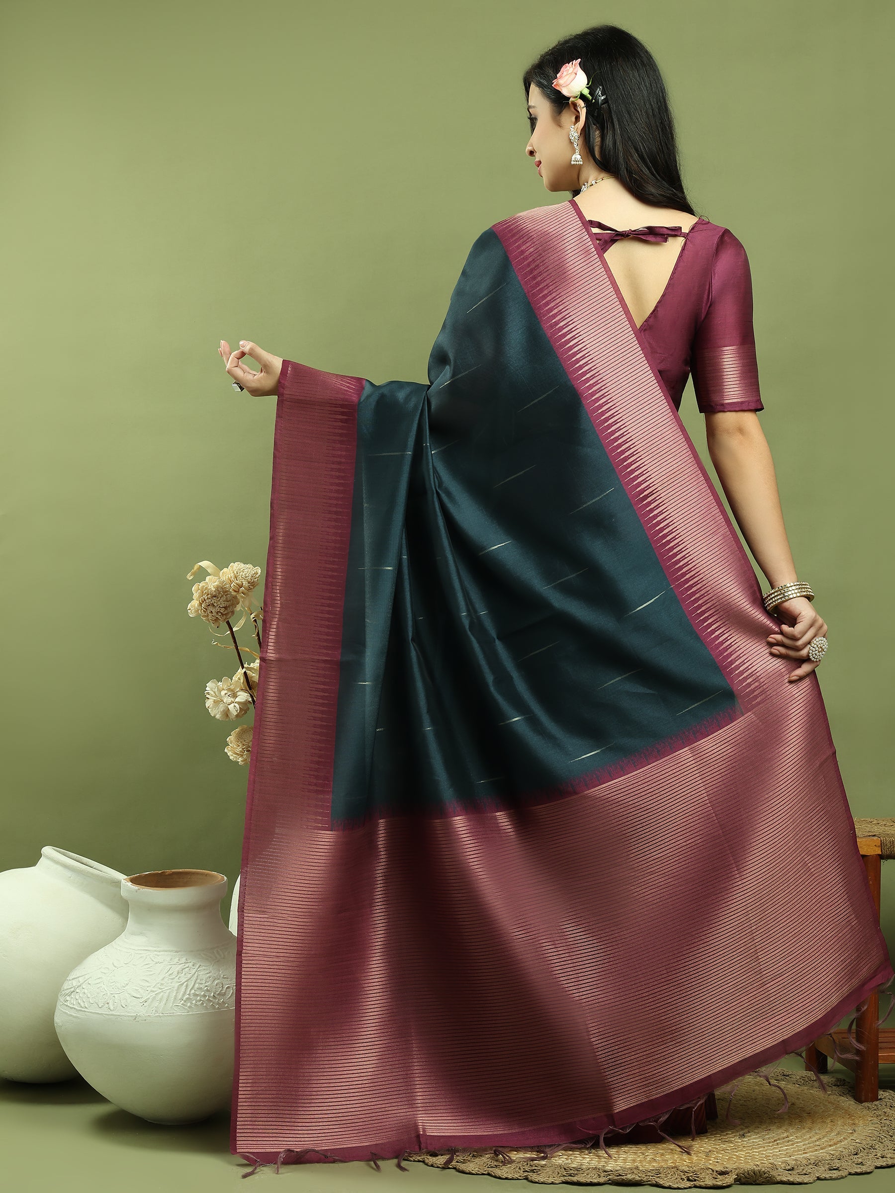 Stylee Lifestyle Teal Silk Blend Zari Saree | Grocsy