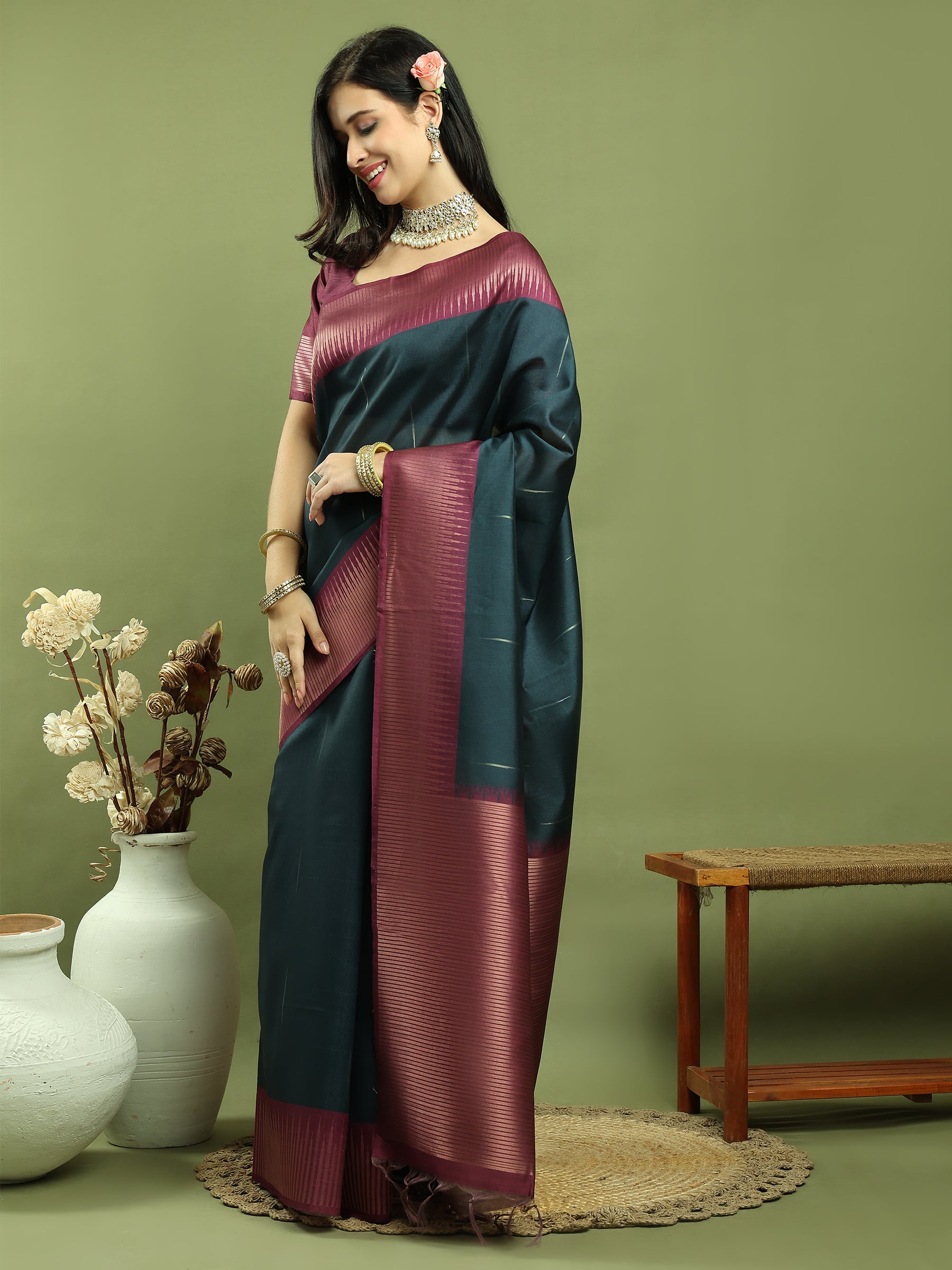 Stylee Lifestyle Teal Silk Blend Zari Saree | Grocsy