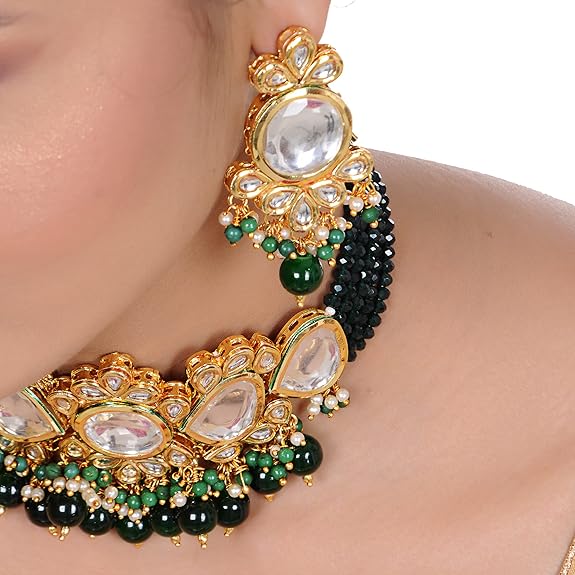Tehzeeb Creations Back Meenakari Gold-Polished Tika Earring Jewellery Set Uncut Kundan Big Faux Kundan Dibbi Kundan Choker Necklace Set | Grocsy