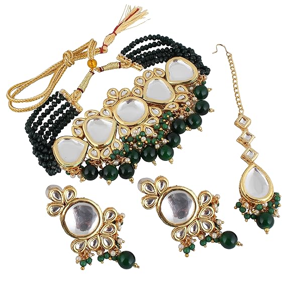 Tehzeeb Creations Back Meenakari Gold-Polished Tika Earring Jewellery Set Uncut Kundan Big Faux Kundan Dibbi Kundan Choker Necklace Set | Grocsy