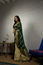 Vardha Emerald Green Golden Zari Banarasi Organza Saree | Grocsy