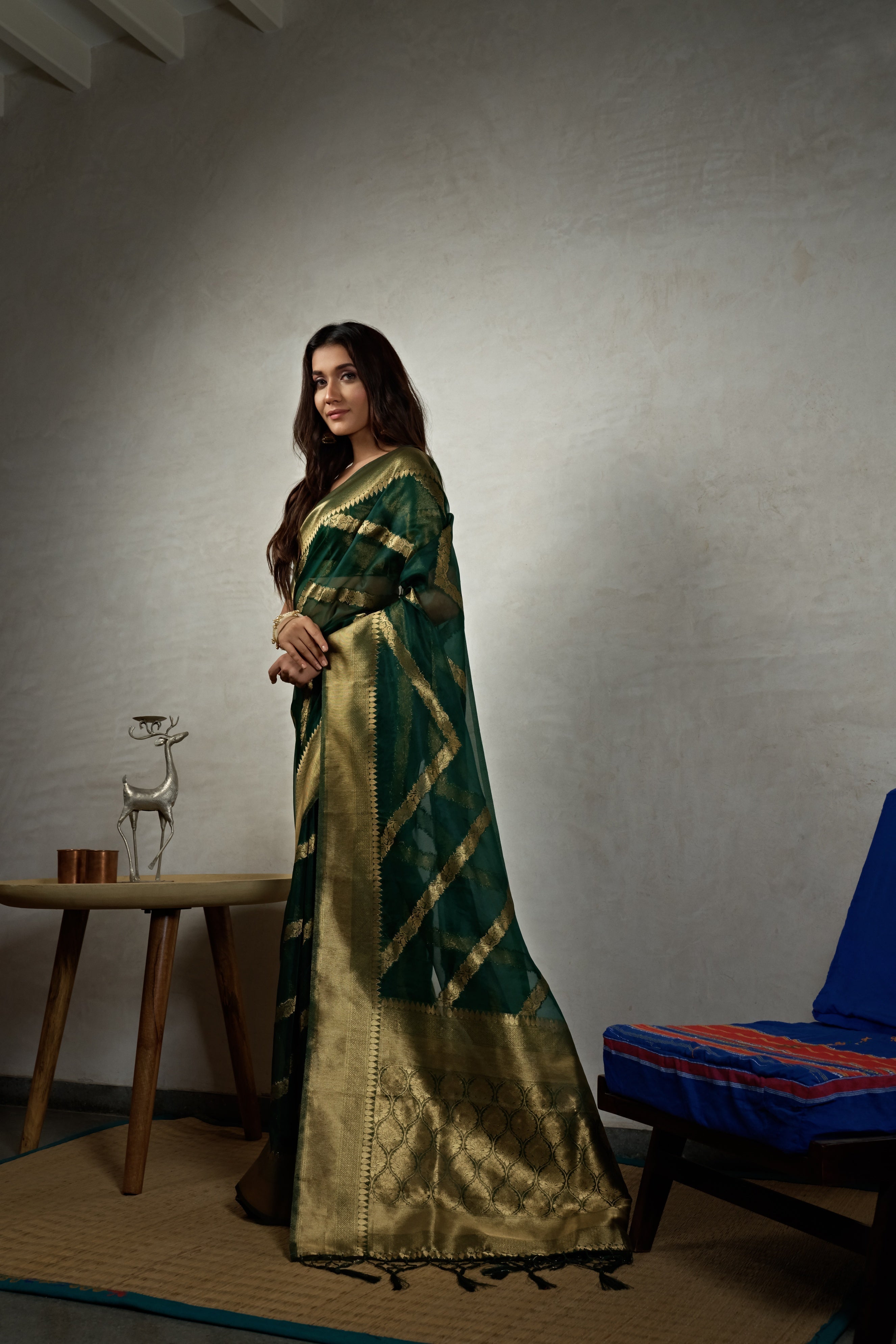 Vardha Emerald Green Golden Zari Banarasi Organza Saree | Grocsy