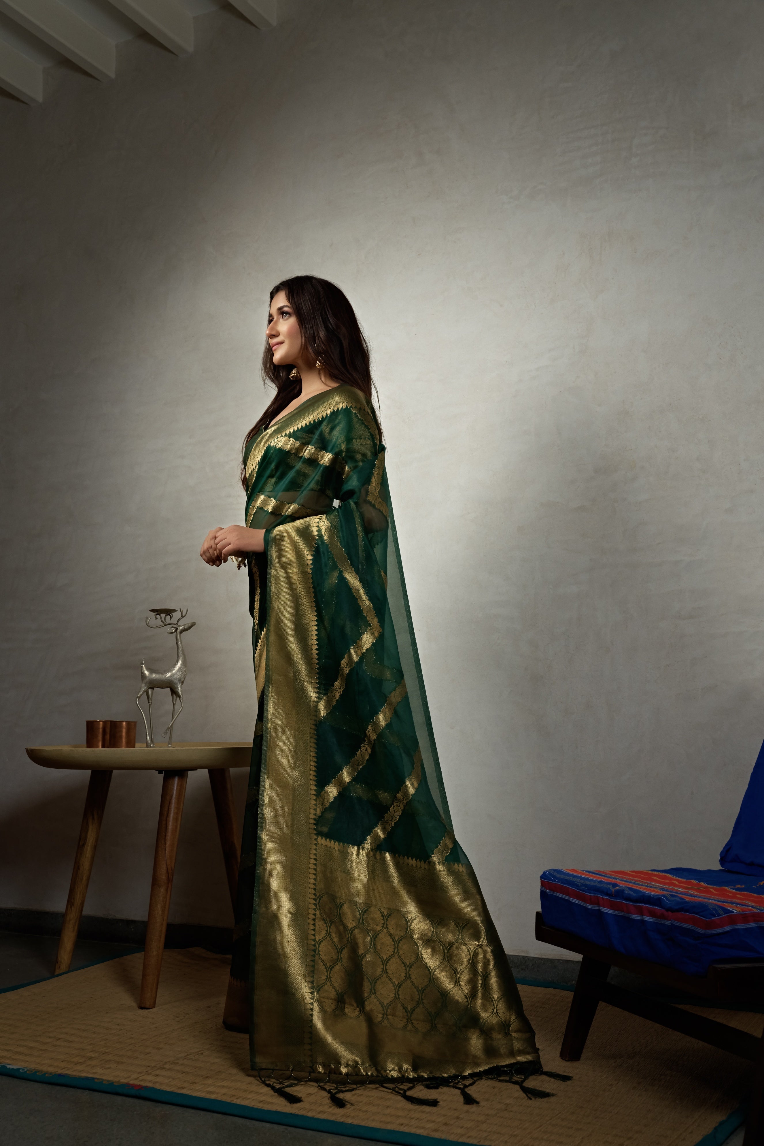 Vardha Emerald Green Golden Zari Banarasi Organza Saree | Grocsy