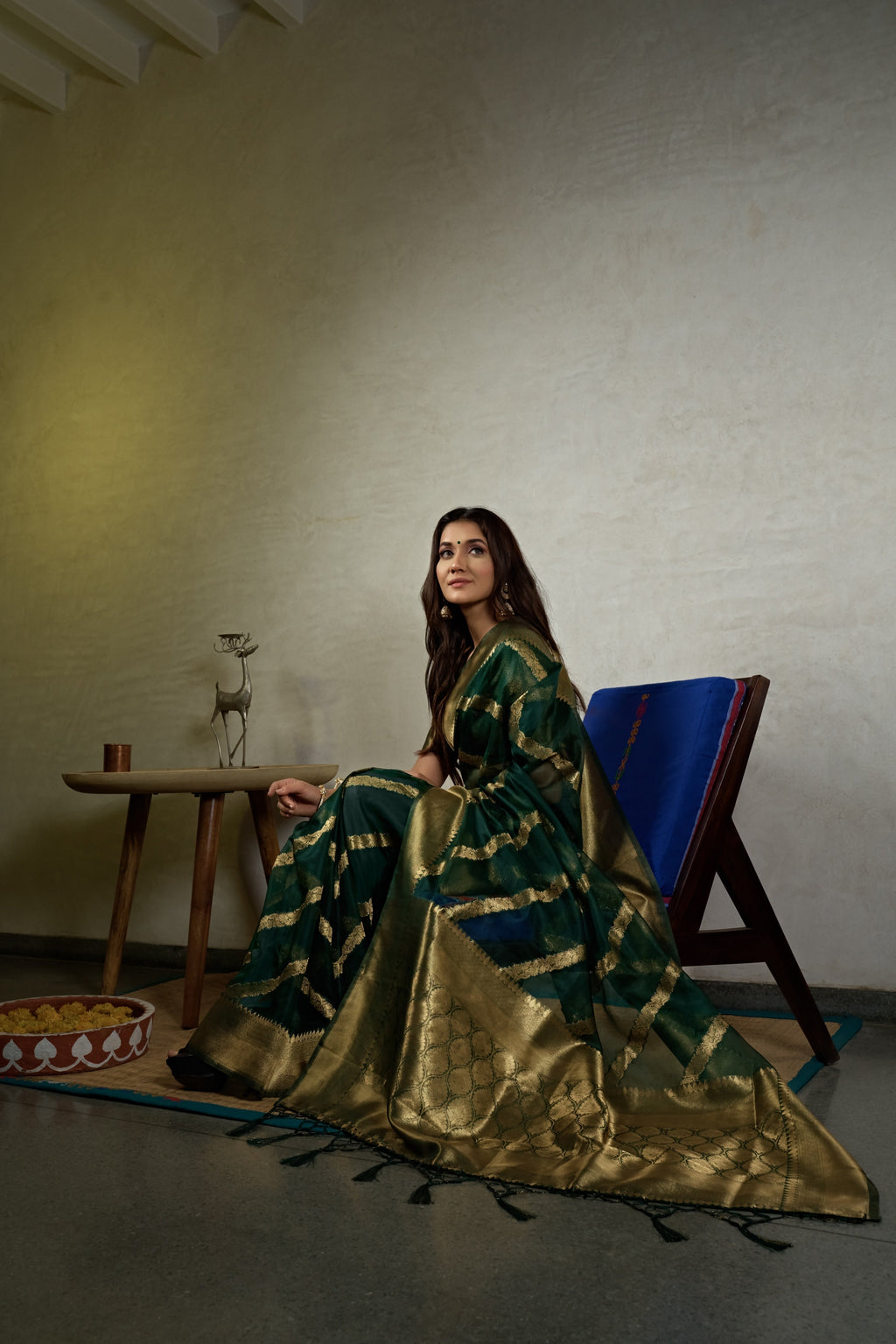 Vardha Emerald Green Golden Zari Banarasi Organza Saree | Grocsy