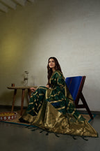 Vardha Emerald Green Golden Zari Banarasi Organza Saree | Grocsy