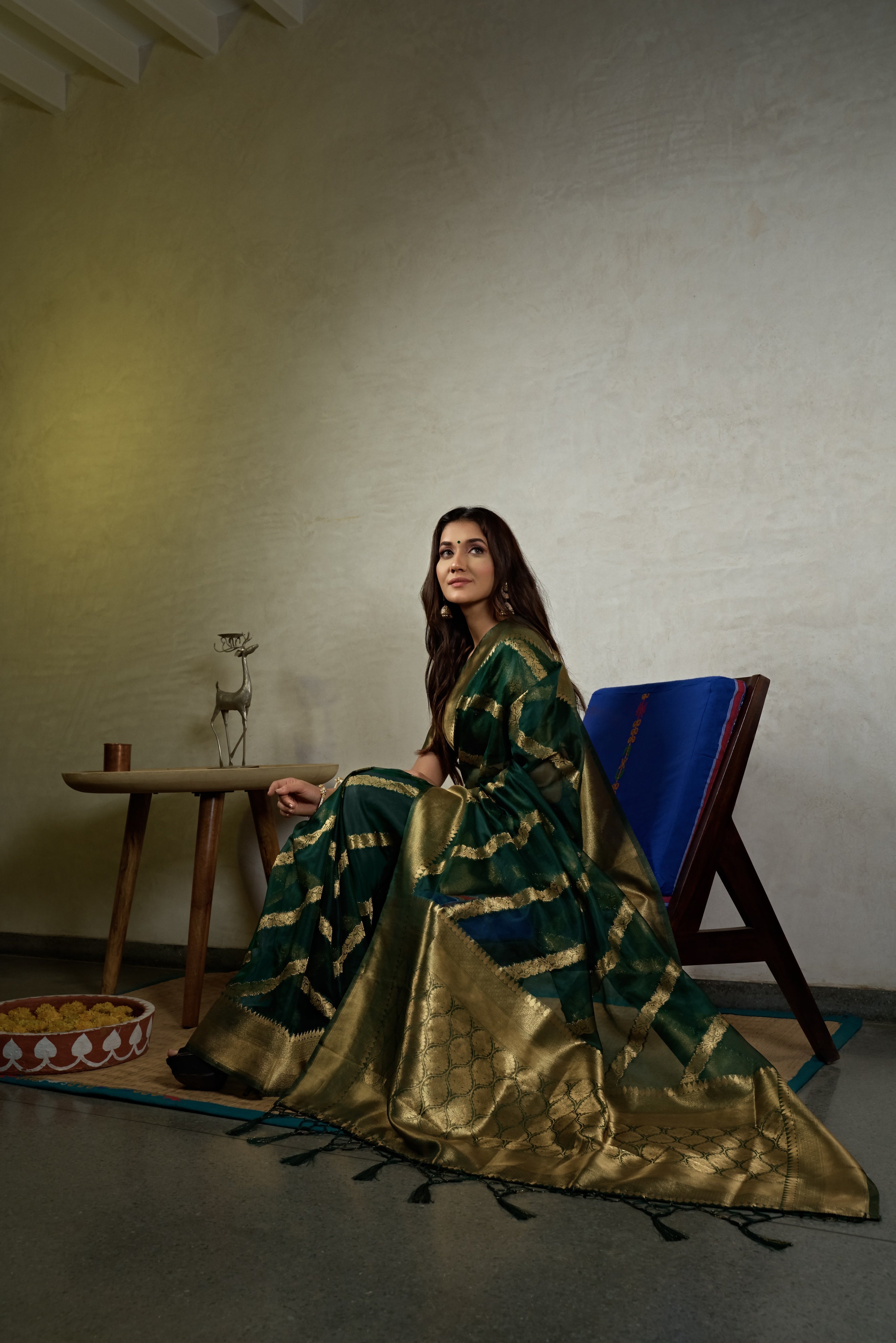 Vardha Emerald Green Golden Zari Banarasi Organza Saree | Grocsy