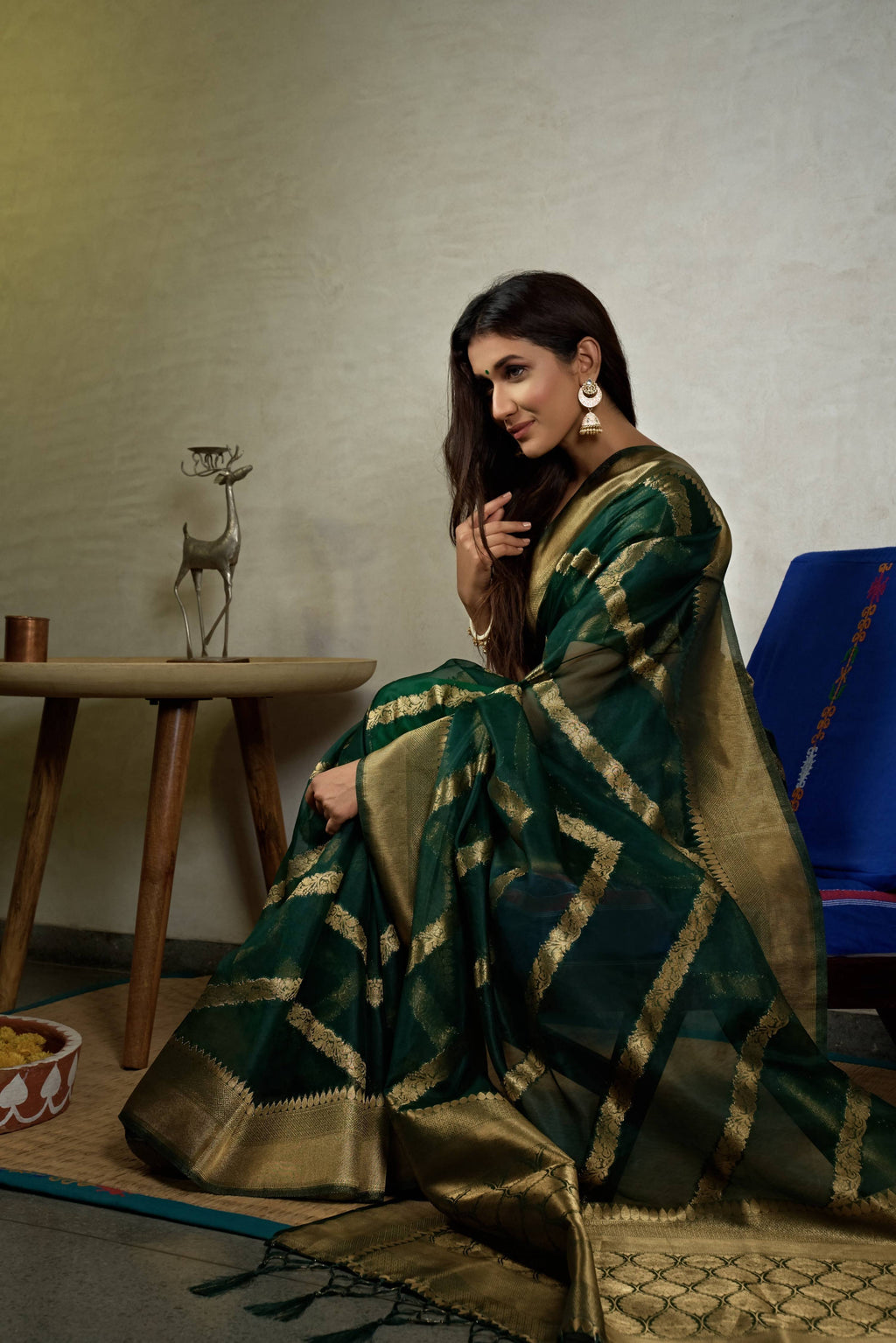 Vardha Emerald Green Golden Zari Banarasi Organza Saree | Grocsy
