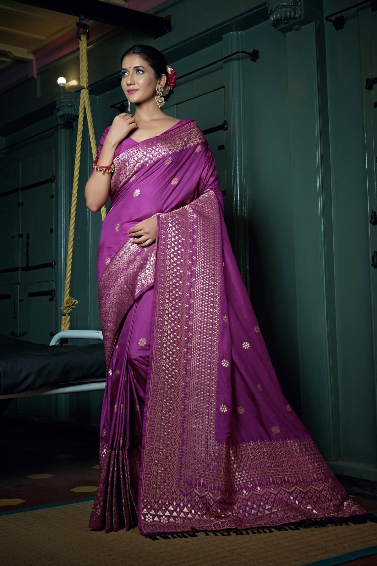 Vardha Byzantium Purple Golden Zari Banarasi Silk Saree | Grocsy