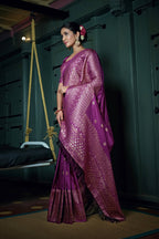 Vardha Byzantium Purple Golden Zari Banarasi Silk Saree | Grocsy