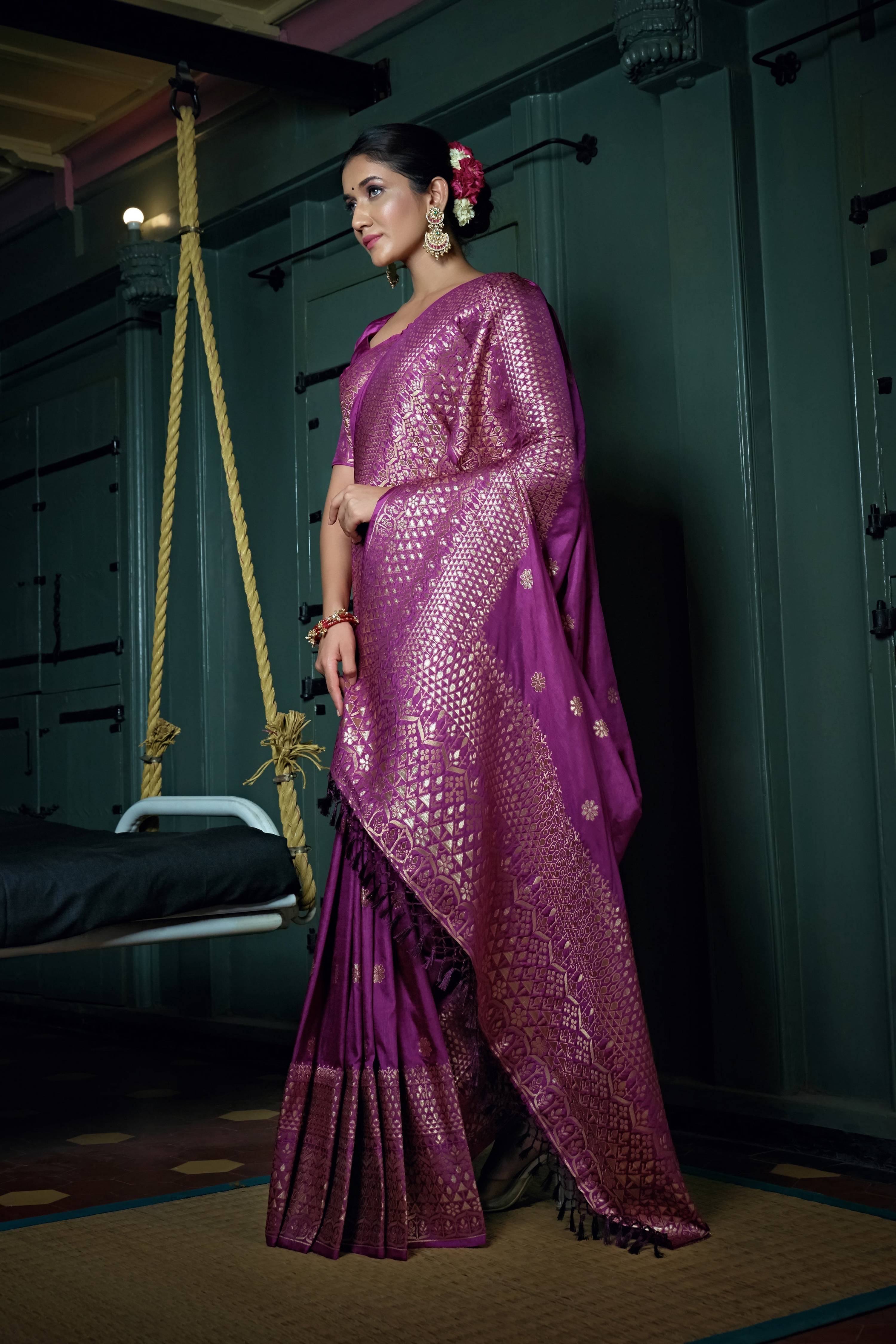 Vardha Byzantium Purple Golden Zari Banarasi Silk Saree | Grocsy
