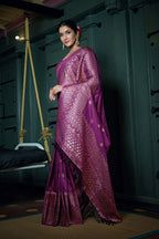 Vardha Byzantium Purple Golden Zari Banarasi Silk Saree | Grocsy