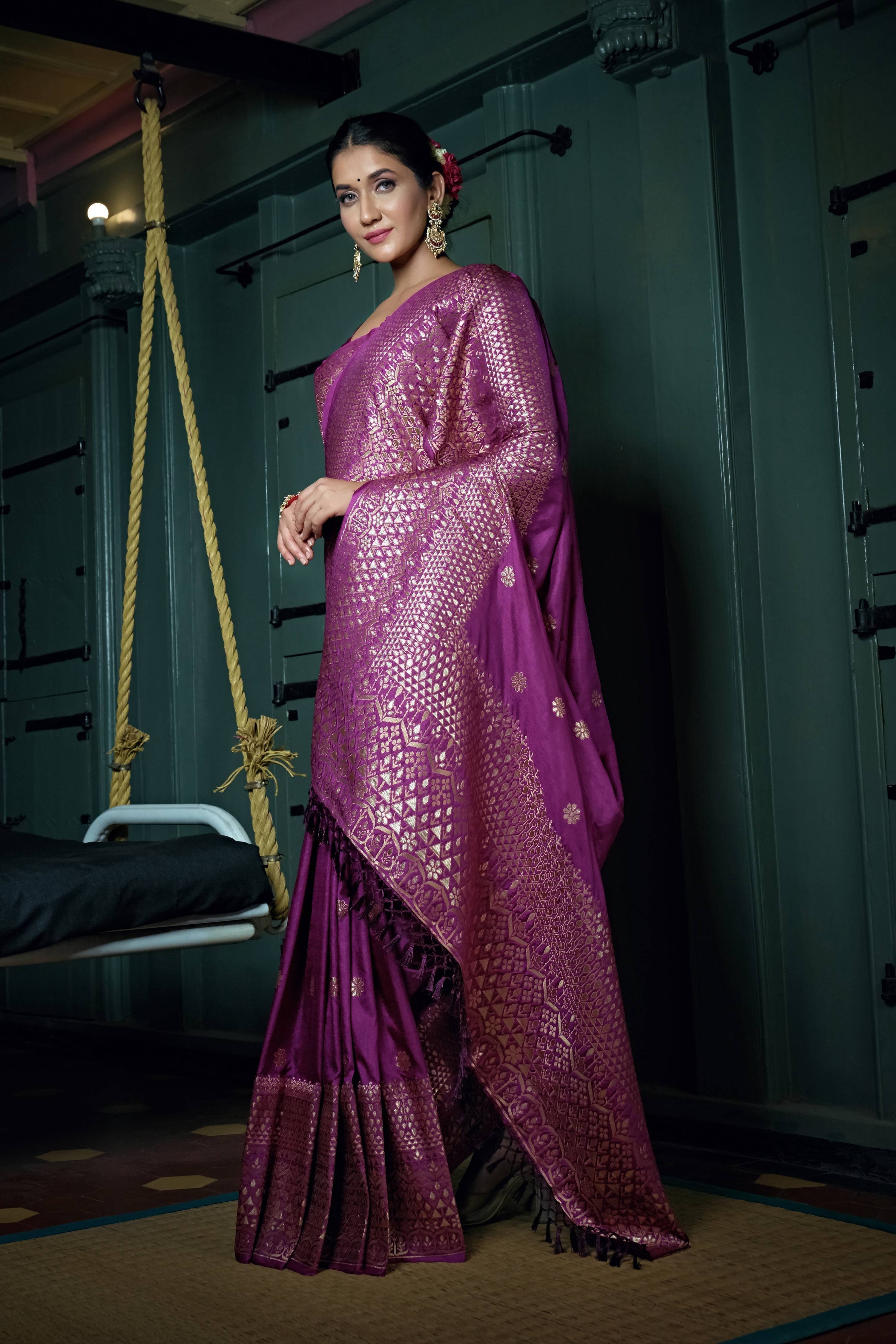 Vardha Byzantium Purple Golden Zari Banarasi Silk Saree | Grocsy