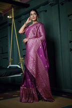Vardha Byzantium Purple Golden Zari Banarasi Silk Saree | Grocsy