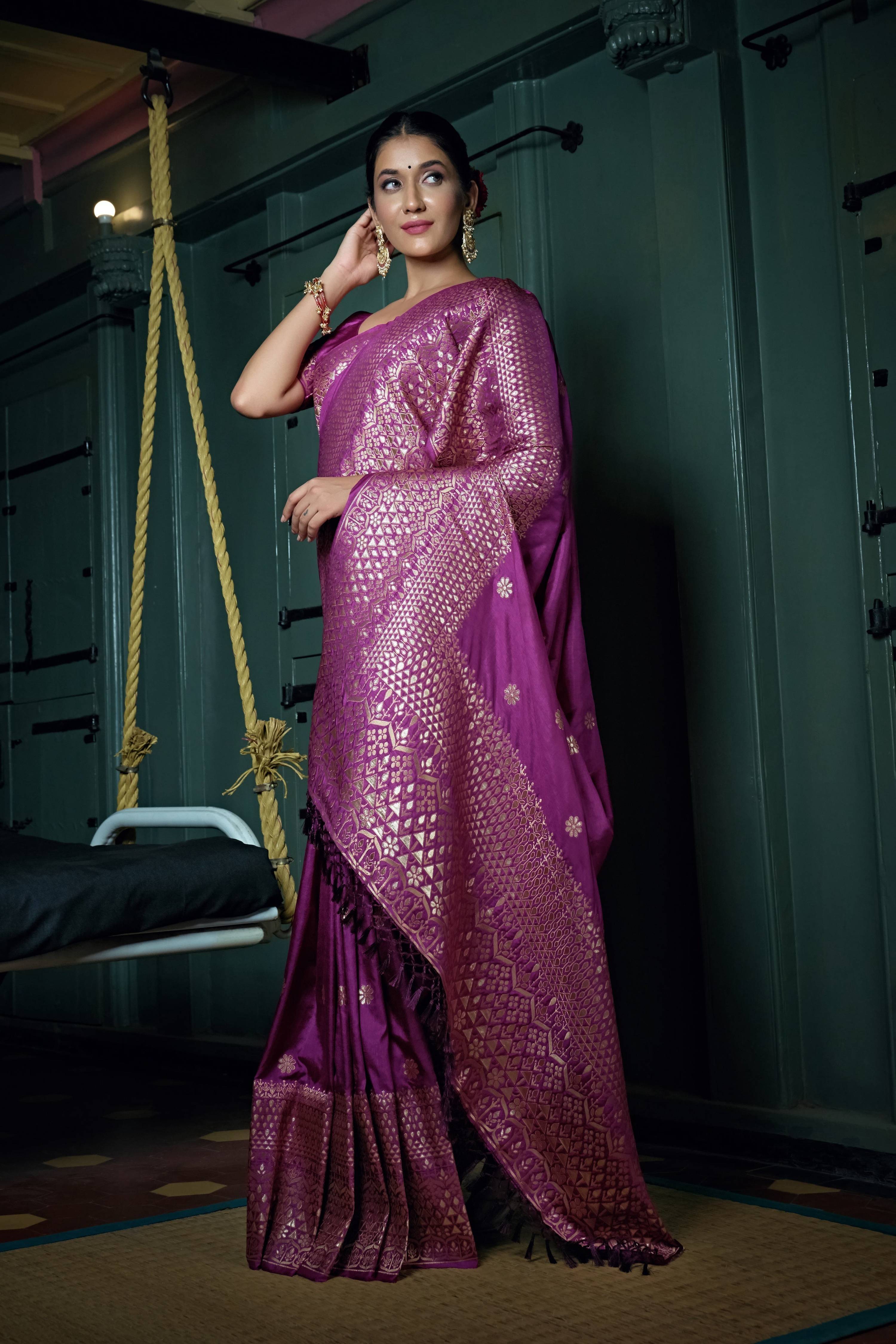 Vardha Byzantium Purple Golden Zari Banarasi Silk Saree | Grocsy