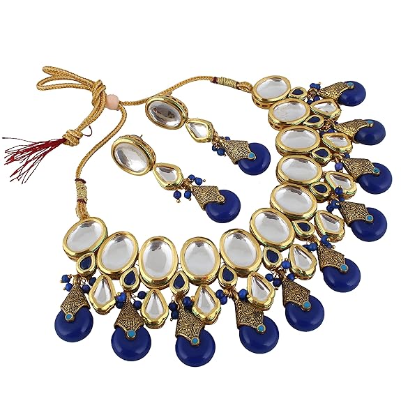Tehzeeb Creations Back Meenakari Gold-Polished Tika Earring Jewellery Set Uncut Kundan Big Faux Kundan Dibbi Kundan Choker Necklace Set | Grocsy
