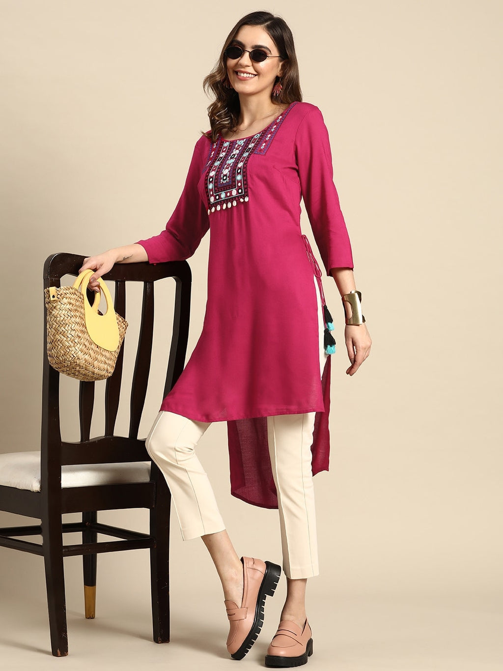 Sangria Geometric Yoke Design Thread Work Kurta | Grocsy