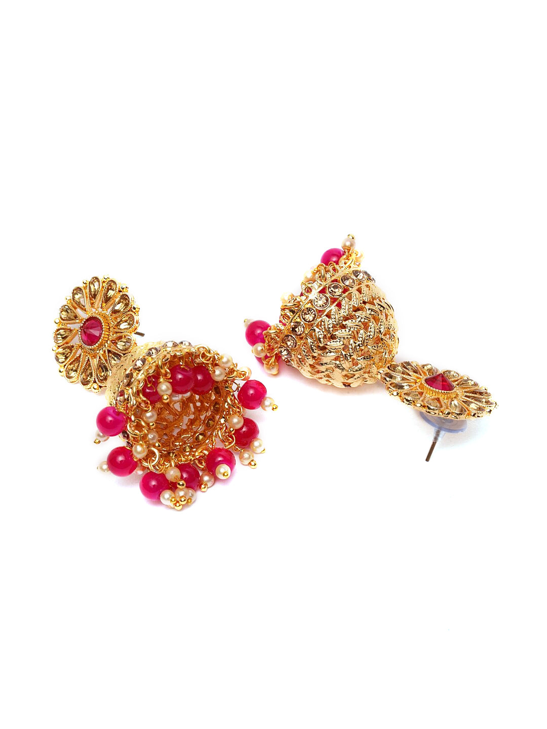 Shining Diva Gold-Polished Pink Dome Shaped Jhumkas | Grocsy
