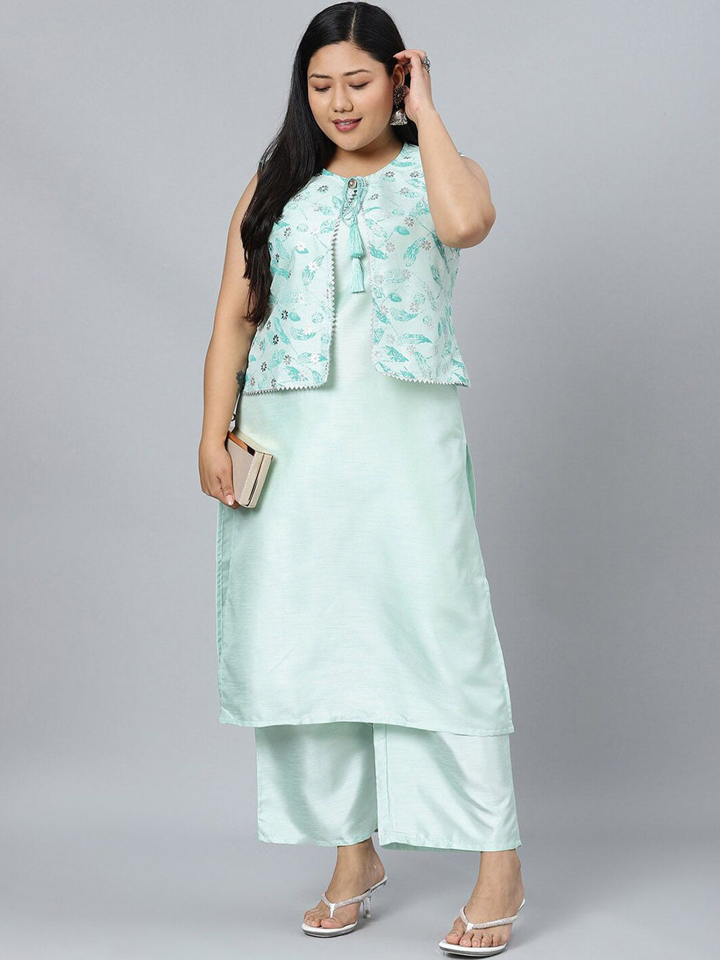 Sztori Plus Size Round Neck Sleeveless Art Silk Kurta With Palazzo & Jacket | Grocsy
