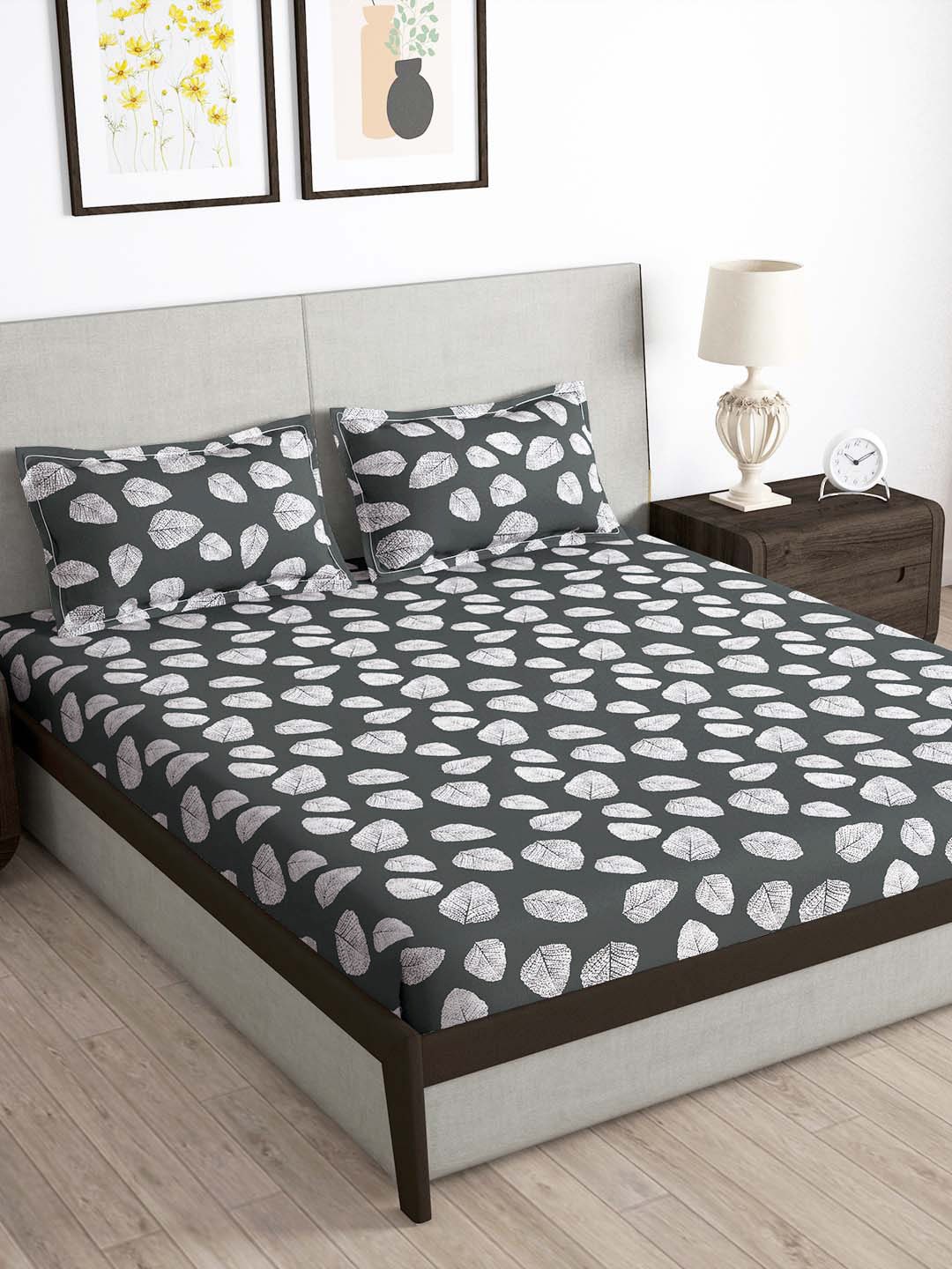 Story@home Arena Grey & White Floral Printed 180 TC Bedsheet & Pillow Covers | Grocsy