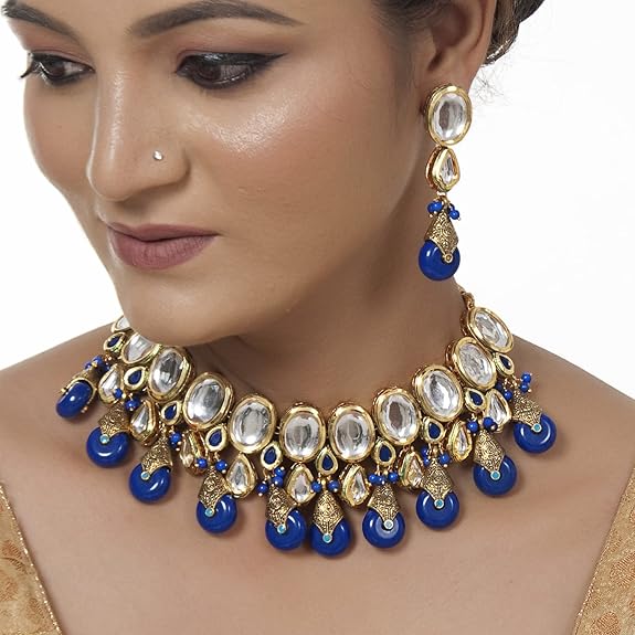 Tehzeeb Creations Back Meenakari Gold-Polished Tika Earring Jewellery Set Uncut Kundan Big Faux Kundan Dibbi Kundan Choker Necklace Set | Grocsy