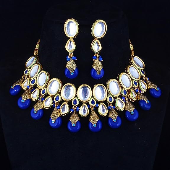Tehzeeb Creations Back Meenakari Gold-Polished Tika Earring Jewellery Set Uncut Kundan Big Faux Kundan Dibbi Kundan Choker Necklace Set | Grocsy