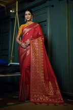 Vardha Crimson Red Golden Zari Banarasi Silk Saree | Grocsy