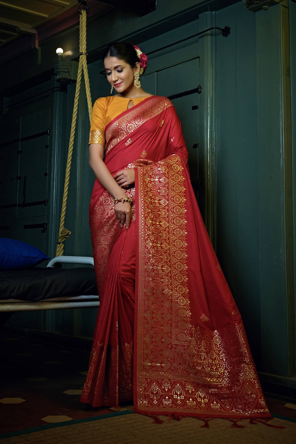 Vardha Crimson Red Golden Zari Banarasi Silk Saree | Grocsy